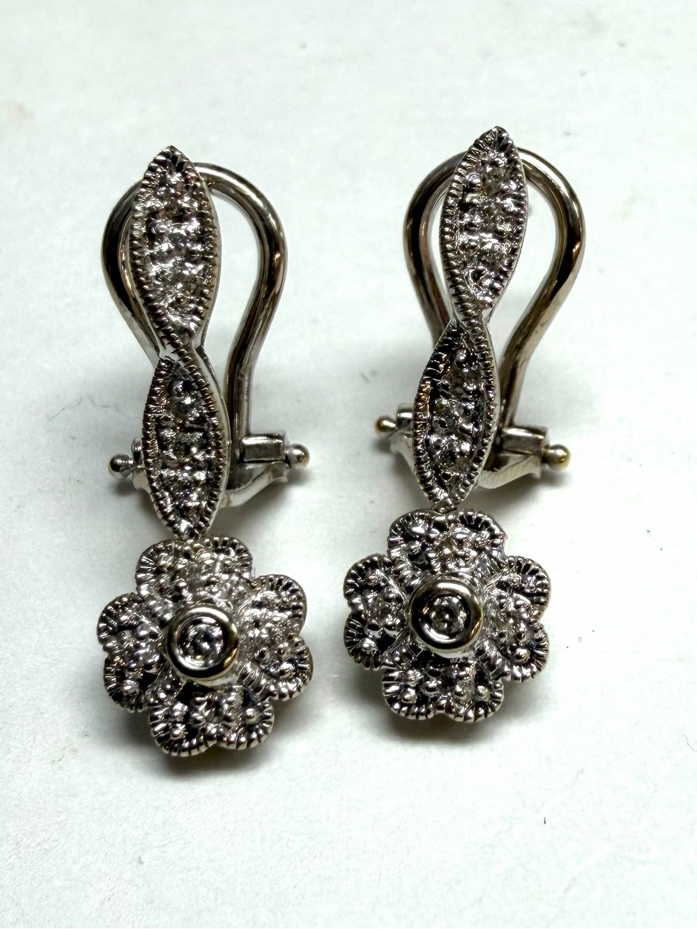 14k White gold Diamond Flower Omega Dangle Earrings
